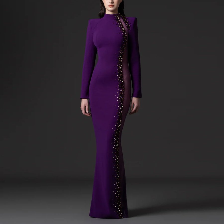 Purple Crepe High-Neck Long-Sleeve Beaded Mesh Cutout Mermaid Evening Gown