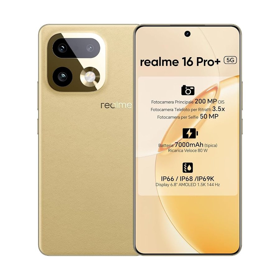 realme 16 Pro+ Smartphone 5G,12+512GB,Display AMOLED 6,8" 1,5K 144 Hz,12+512GB, Fotocamera 200MP OIS & Obiettivo Teleobiettivo 3,5x,Batteria 7000mAh, IP68/IP69K (Master Gold, 512, GB, 12, GB)