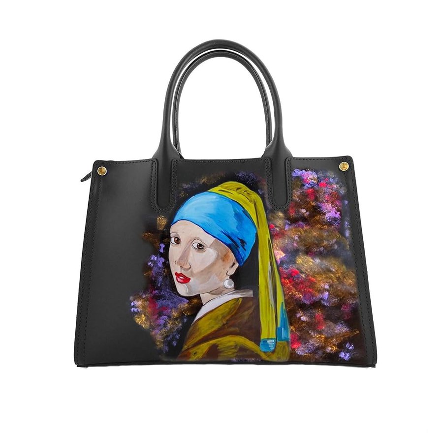 Borsa in Pelle Dipinta a Mano – RAGAZZA CON L’ORECCHINO DI PERLA DI VERMEER – a Mano, a Tracolla, Idea Regalo, Artigianato Italiano, Made In Italy, Vera Pelle, Tote Bag