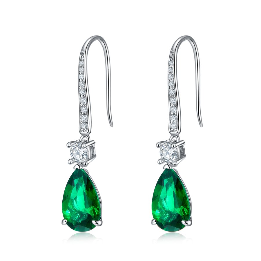 S925 Silver 2.8g Lab-Created Emerald Dangle Earrings, 11x7mm 0.6ct Pear Pair