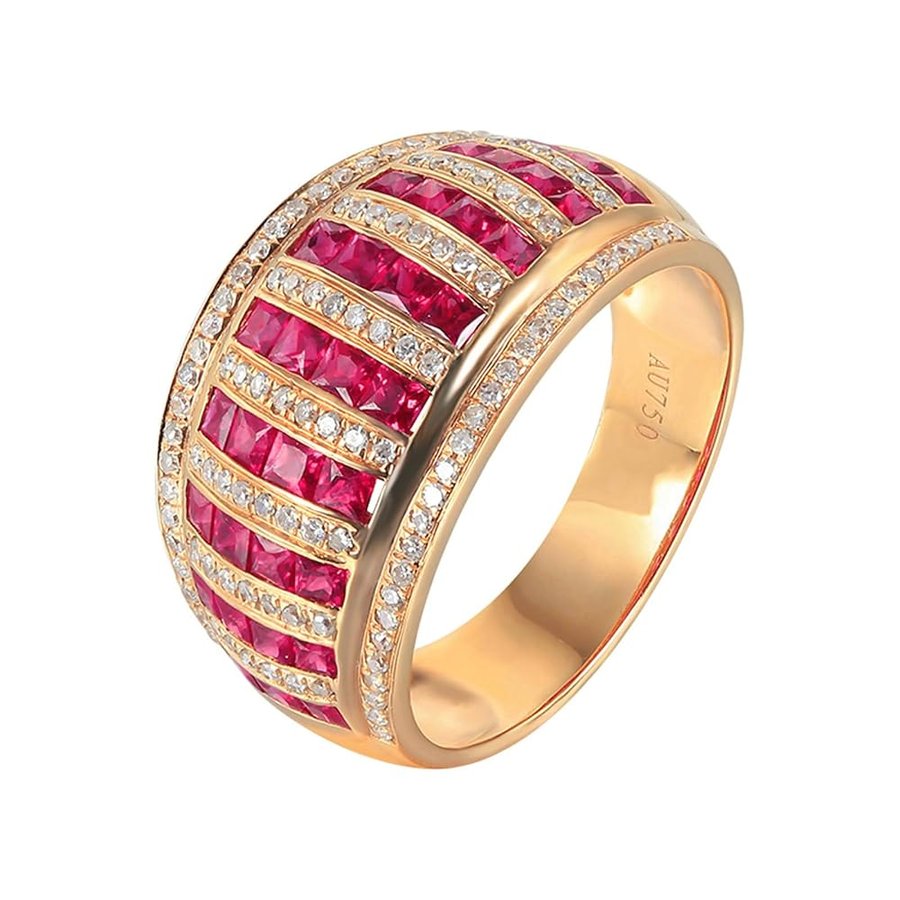 Anello Fidanzamento Oro Rosa 18K, Anelli di Matrimonio Donna Largo Fila Brillante Lusso 1.84ct Rubino Rosso Sintetico e Diamante Sintetico Anelli per Mamma, Fidanzata, SposaOro Rosa