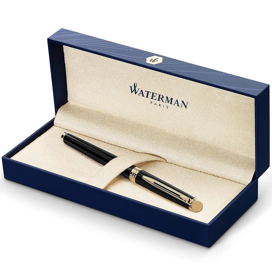 Waterman Hémisphère penna stilografica | nero lucido con finiture in oro 23 carati | pennino sottile con cartuccia di inchiostro blu | confezione regalo