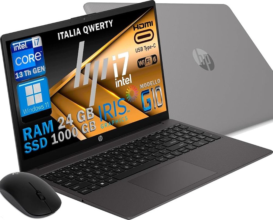 HP Notebook 250 G10 MODELLO 2025, Pc portatile Grey, Intel Core i7 1355U 13Th Gen 4,7Ghz, Ram 24Gb, SSD (1Tb) 1000 Gb Display 15.6" Full HD, Win 11 64 Bit, Libre Office, Preconfigurato MOUSE OMAGGIO