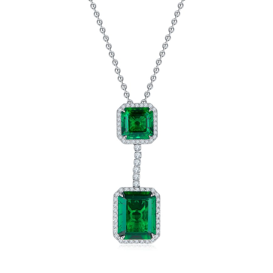 S925 Silver 12.9g 12.7ct Lab-Created Emerald Necklace, 15x12mm & 10x10mm Double Drop, 40cm