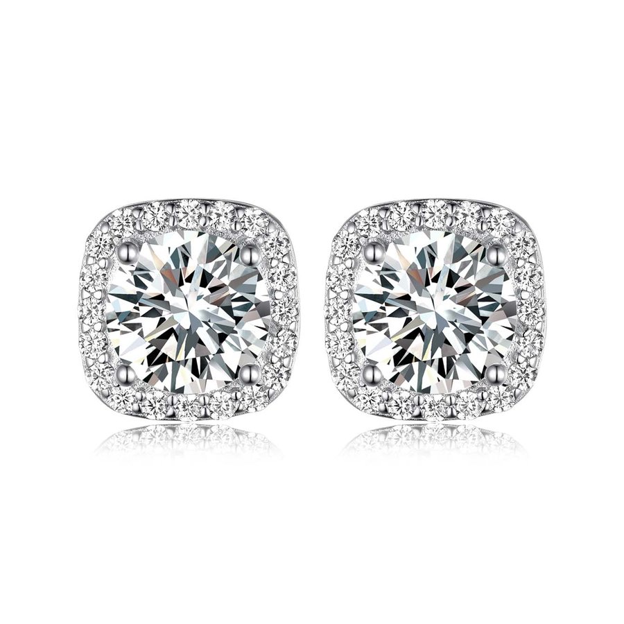 S925 Sterling Silver Cushion Halo Stud Earrings, 7mm D-VVS1 Moissanite, Platinum Plated 2.6g Women's Jewelry Gift Box