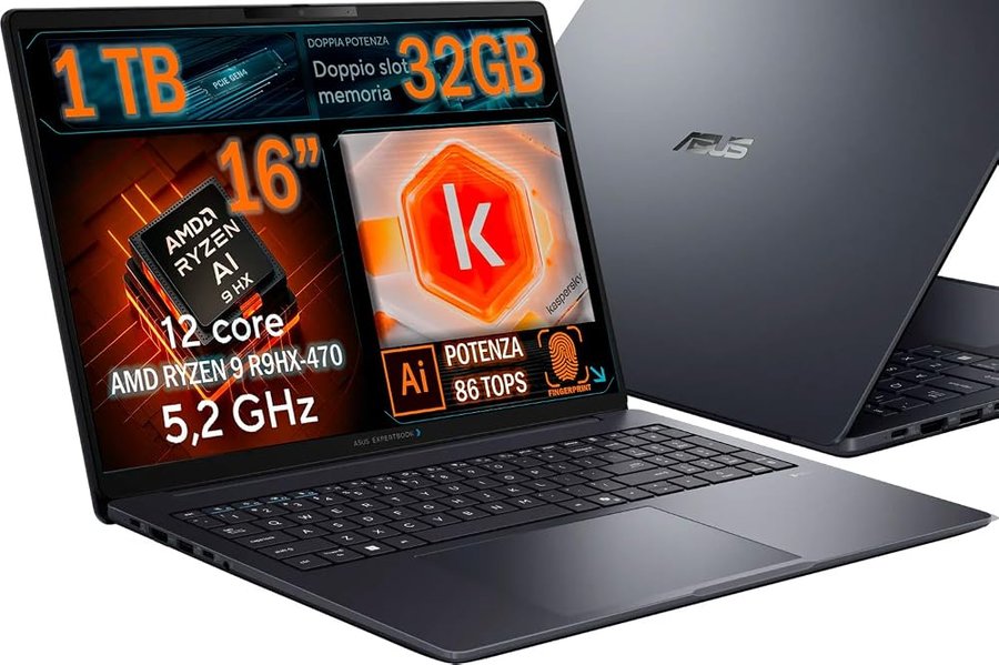 ASUS ExpertBook B3 G2 AMD Ryzen 9 AI R9 HX-470, Laptop Aziendale 16", Il Miglior PC Copilot+, 32GB RAM DDR5, 1TB SSD, Wi-Fi 7, Layout Italiano QWERTY, Windows 11 Pro + Software Antivirus Incluso