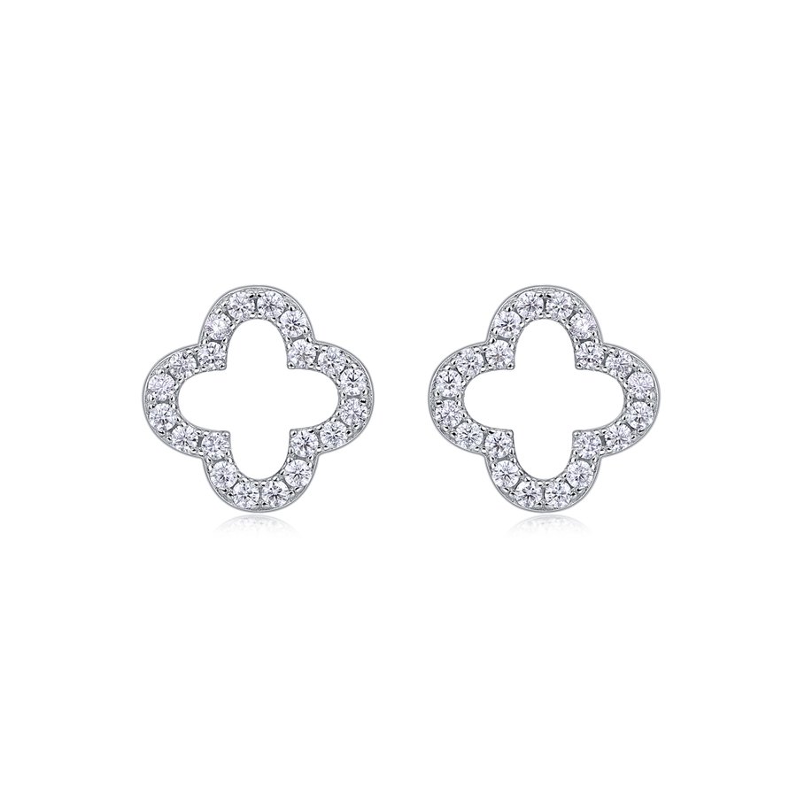 S925 Sterling Silver Open Clover Stud Earrings, D-VVS1 Moissanite Pave Outline, Platinum Plated 1.6g Women's Jewelry Gift Box