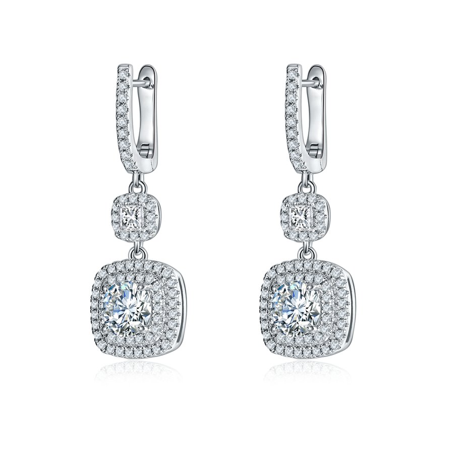 S925 Sterling Silver Cushion Double Halo Drop Earrings, 1ct D-VVS1 Moissanite, Platinum Plated 6.6g Women's Jewelry Gift Box