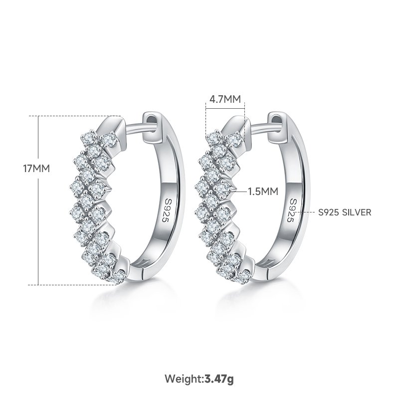 3.8g S925 Sterling Silver Moissanite Hoop Earrings  17mm Wave Pave Huggie Hoops With GRA Certificate, Platinum Plated Jewelry Gift Box Set For Women