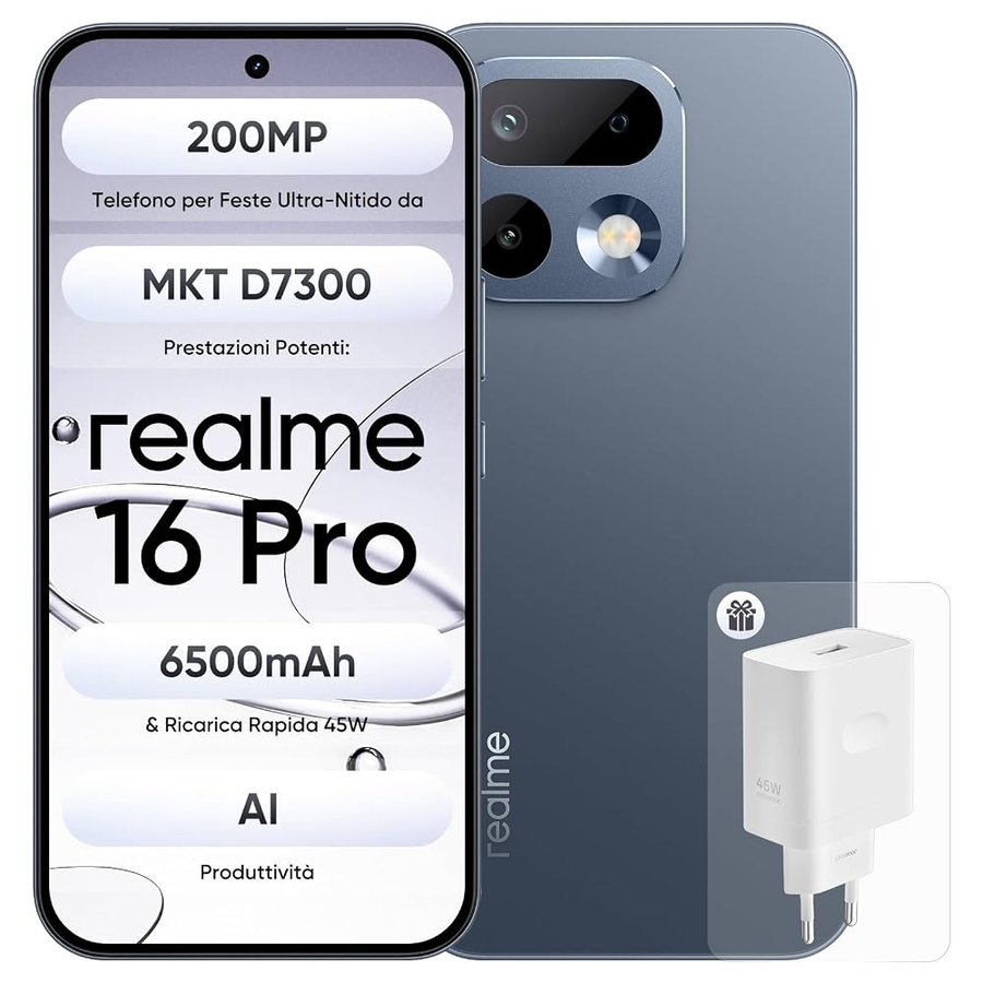 realme 16 Pro 5G Smartphone, 8+512GB, Dual SIM, IP69, Funzioni AI, Ricarica Rapida 45W, Batteria 6500mAh, Display Piatto 6,78" 144Hz, Fotocamera 200MP OIS, Grigio (con Adattatore)