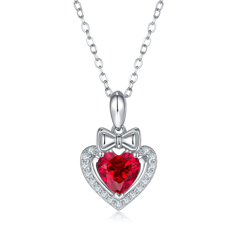 S925 Silver 3g Platinum Plated 1.56ct Lab-Created Ruby Heart Necklace, 7mm Pendant, 40&5cm