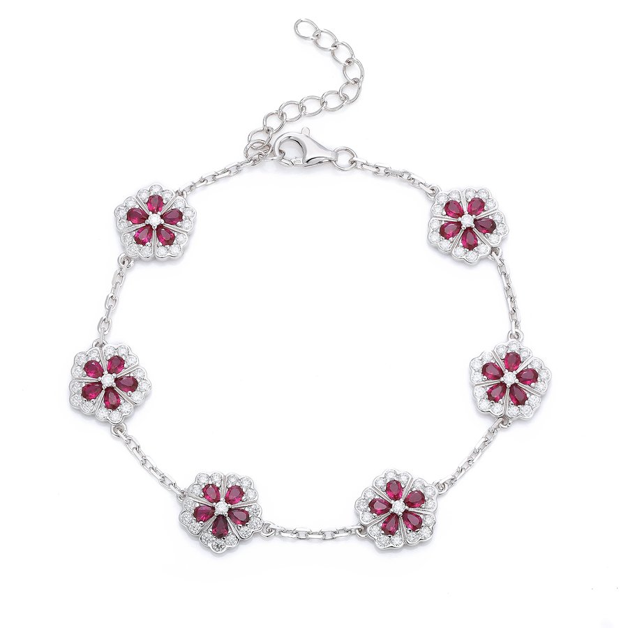 S925 Sterling Silver Red Lab-Grown Gemstone Flower Bracelet 16cm Platinum Plated With D Color VVS1 Moissanite GRA Certified Gift Box