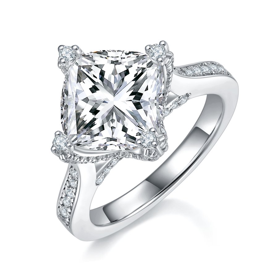 S925 Sterling Silver 4.0ct Princess Cut Moissanite Ring 9.0mm D Color VVS1 4-Prong Pave US Size 5-9 GRA Certified Gift Box