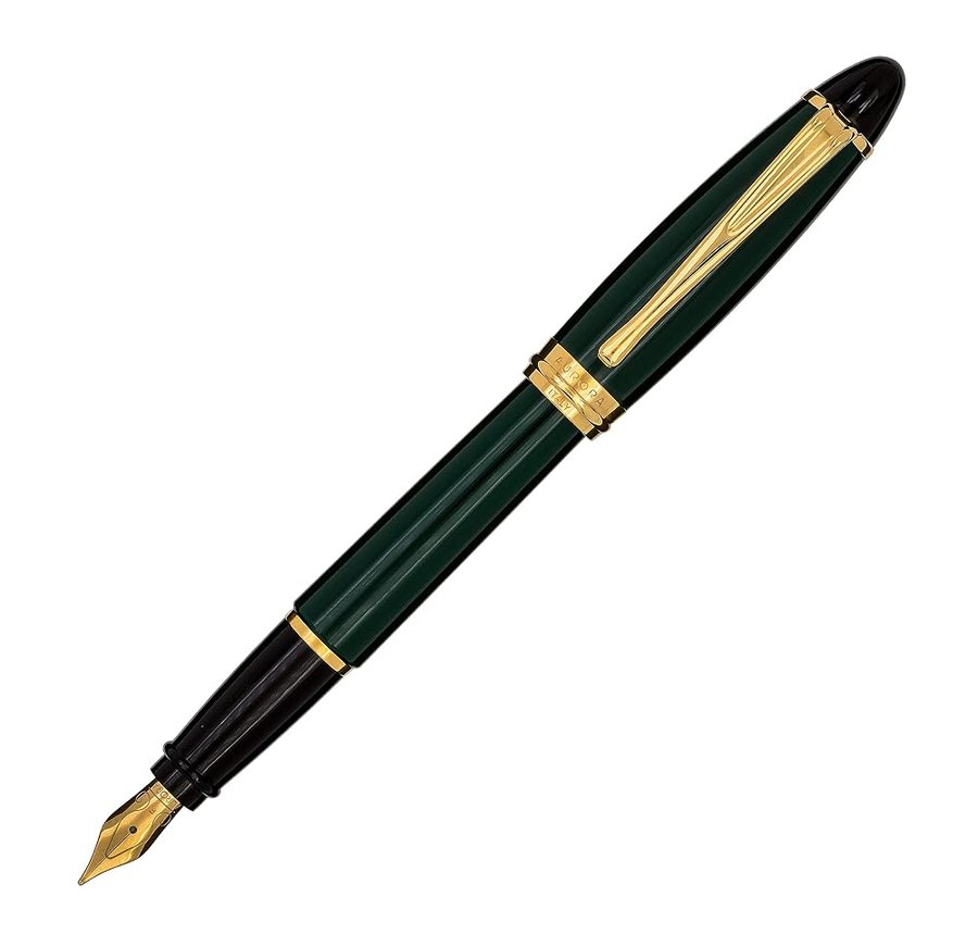 Aurora - Penna stilografica in resina IPSILON | Penna in resina verde con guarnizioni dorate | pennino in acciaio cromato di spessore M | confezione regalo