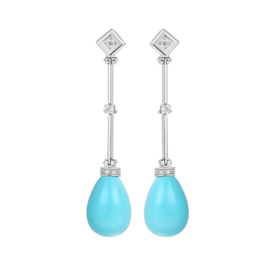 Orecchini da donna, orecchini alla moda blu turchese 9/14/18 carati oro bianco con diamante, oro bianco 9 carati, diamante turchese