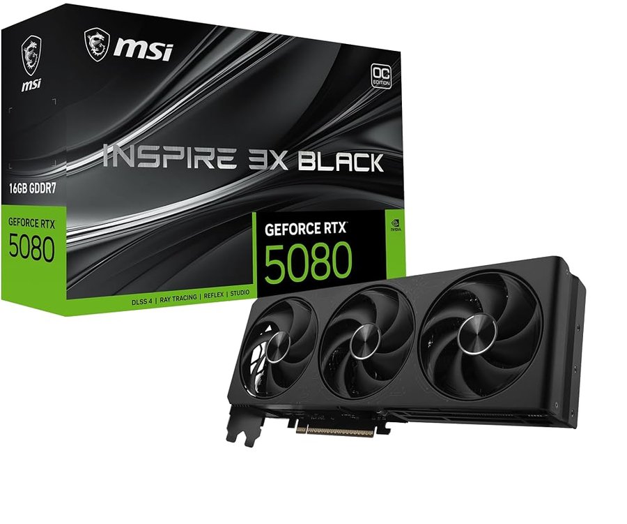 msi NVIDIA GeForce RTX 5080 16G Inspire 3X OC Black Scheda grafica 16GB GDDR7 (30 Gbps / 256 bit), raffreddamento a tripla ventola (3 x STORMFORCE Fan) - HDMI 2.1b, DisplayPort 2.1b, SFF Ready
