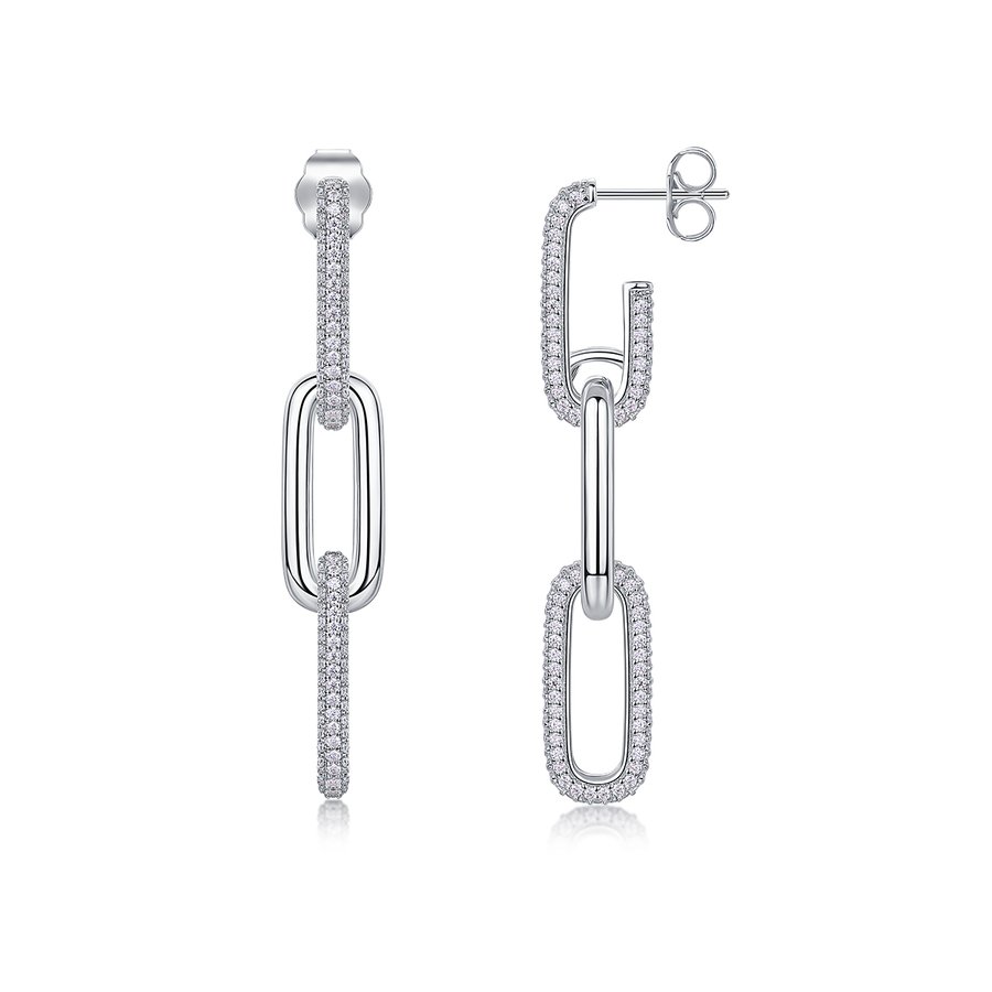 S925 Sterling Silver Chunky Chain Drop Earrings, D-VVS1 Moissanite Pave, Platinum Plated 9.2g Women's Jewelry Gift Box