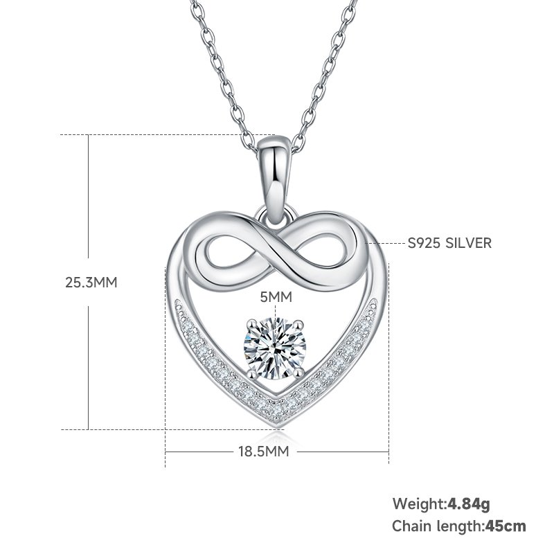 4.8g S925 Sterling Silver 5mm Moissanite Infinity Heart Necklace 45cm  17 Stones Pendant With GRA, Platinum Plated Jewelry Gift Box Set For Women