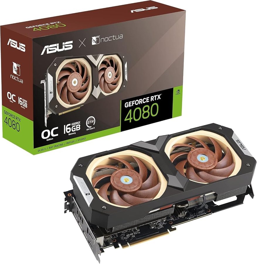 ASUS GeForce RTX 4080 16GB GDDR6X Noctua OC Edition (PCIe 4.0, 16GB GDDR6X, DLSS 3, HDMI 2.1a, DisplayPort 1.4a, Noctua NF-A12x25 PWM Fans, Camera vapore ottimizzata, GPU Tweak III)