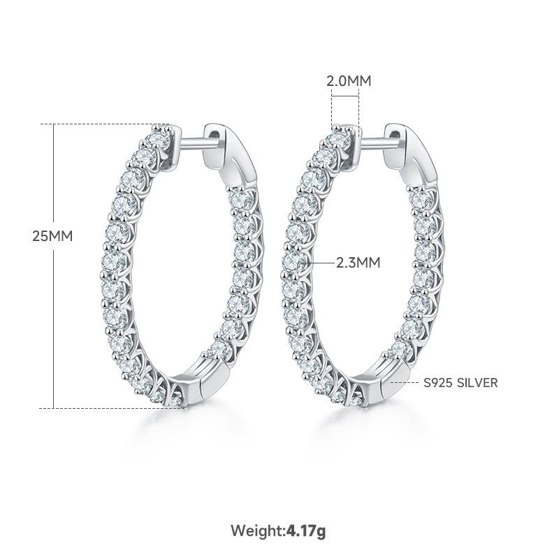 4.2g S925 Sterling Silver Moissanite Hoop Earrings, 25mm Round Pave Hoops With GRA Certificate, Platinum Plated, Rose Gold Or Gold Available, Luxury Gift Box Set For Women