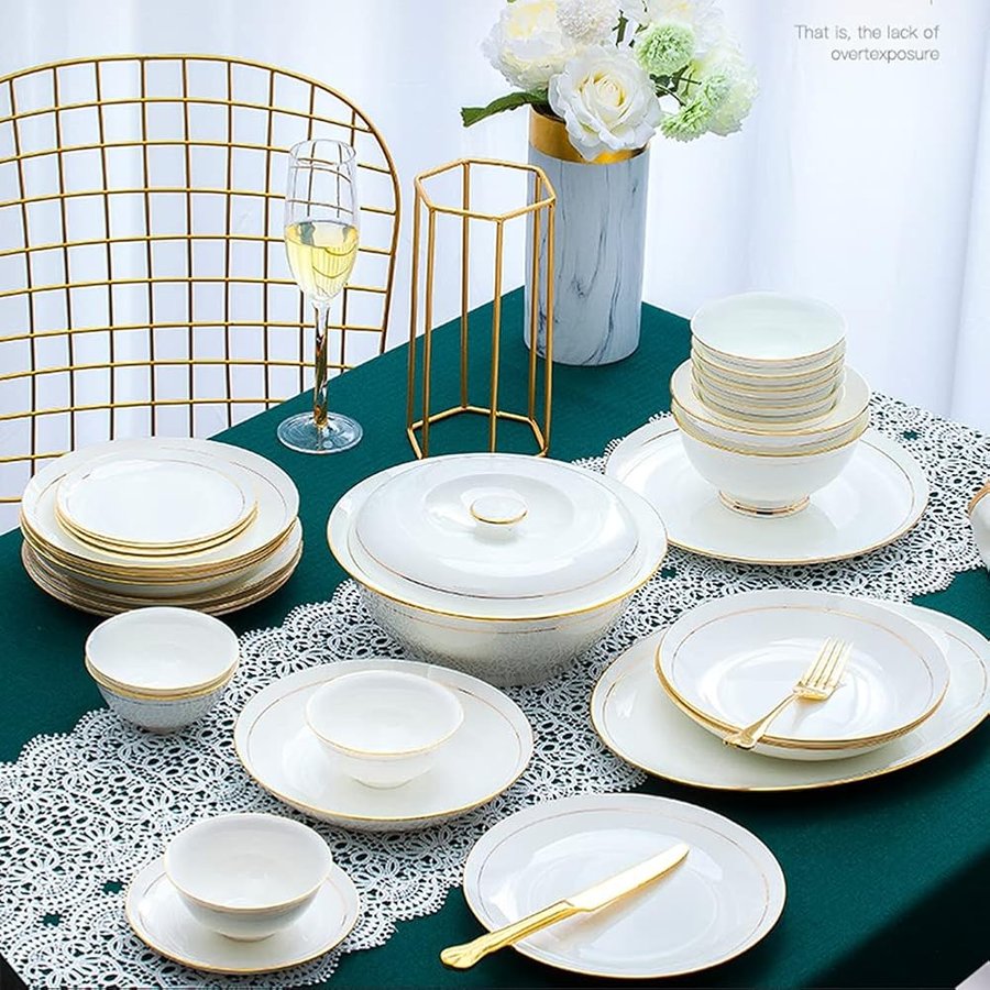 Set di stoviglie in Ceramica da 36 Pezzi, Piatti, Servizio da tavola in Ceramica, Servizio in Porcellana per 6 Persone, Bianco con Bordo Dorato, Set di stoviglie di Lusso, R
