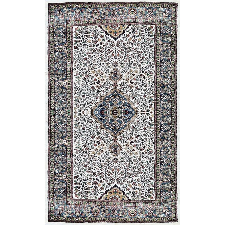 Tappeto di seta annodato a mano di lusso fatto a mano tradizionale Indopersiano bianco 3x5 piedi