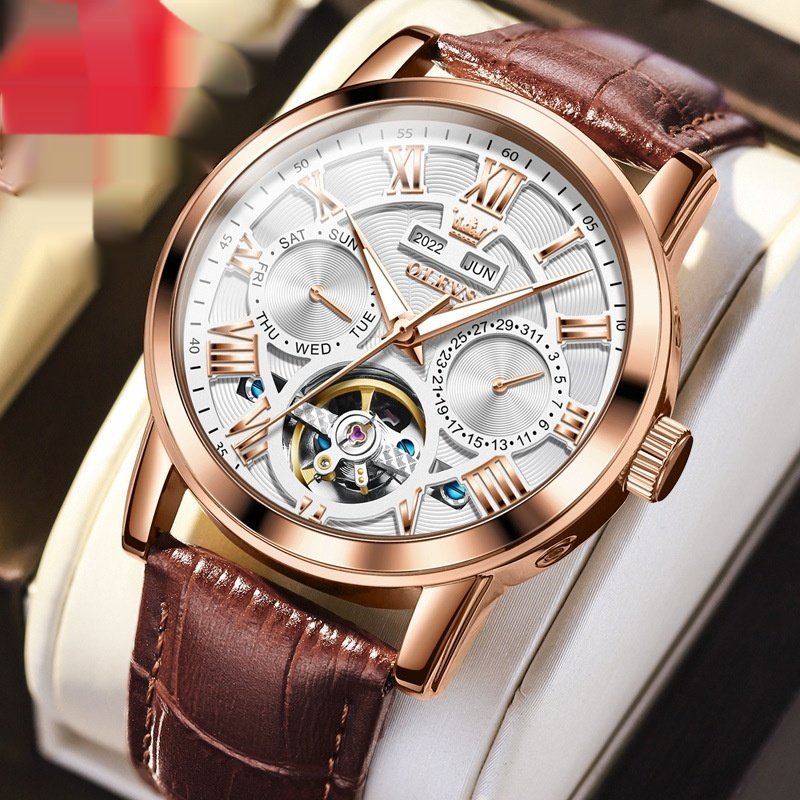 Automatic Mechanical Multifunction Waterproof Leather Strap Men's Watch