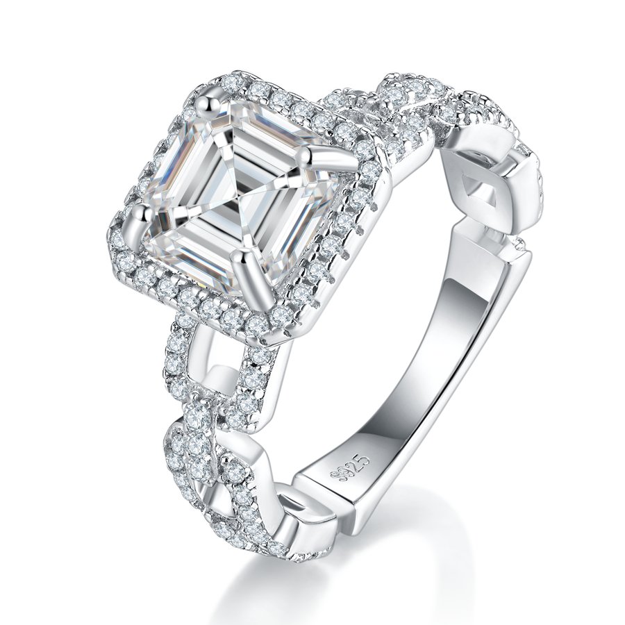 S925 Sterling Silver 2.5ct Asscher Cut Moissanite Ring, D-VVS1 Halo Chain Band, Platinum Plated US Sizes 5-9 GRA Gift Box