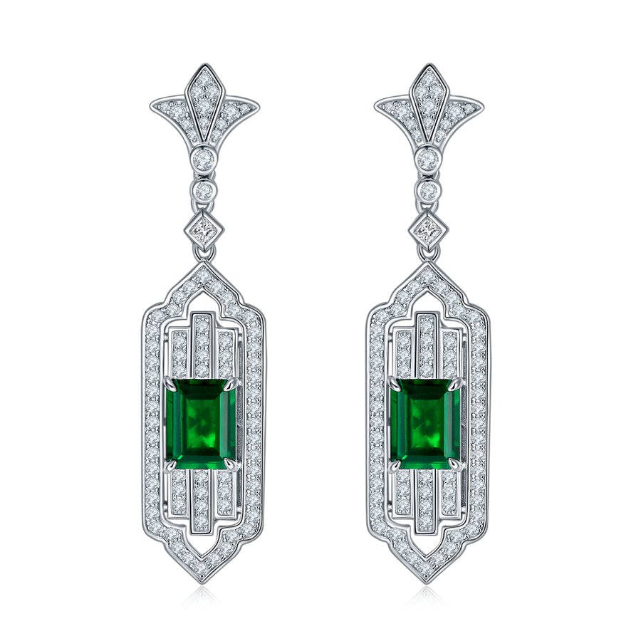 S925 Silver 11.3g Art Deco Lab-Created Emerald Drop Earrings, 3.65ct 9x7mm, Pair