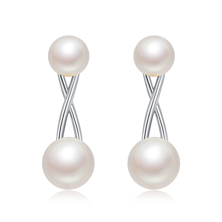 S925 Sterling Silver Natural Freshwater Pearl Earrings, 1.1g Lightweight X-Cross Design, 3 Colors Available, Platinum Gold Rose Gold Plated, Gift Box