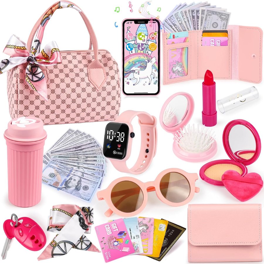 32Pcs Role Play Set With Handbag, Water Bottle, Scarf, Pretend Makeup
