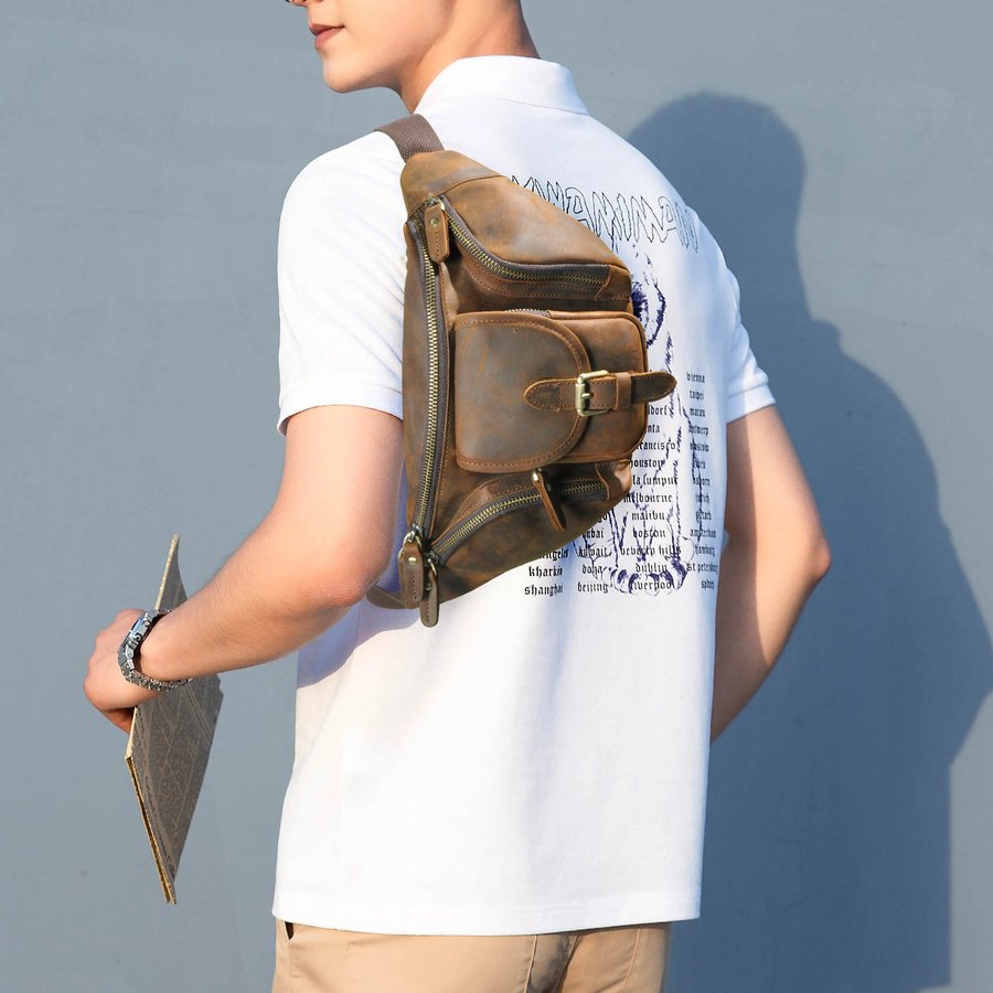 Crazy Horse Leather Mens Bag Full-Grain Cowhide Chest Bag