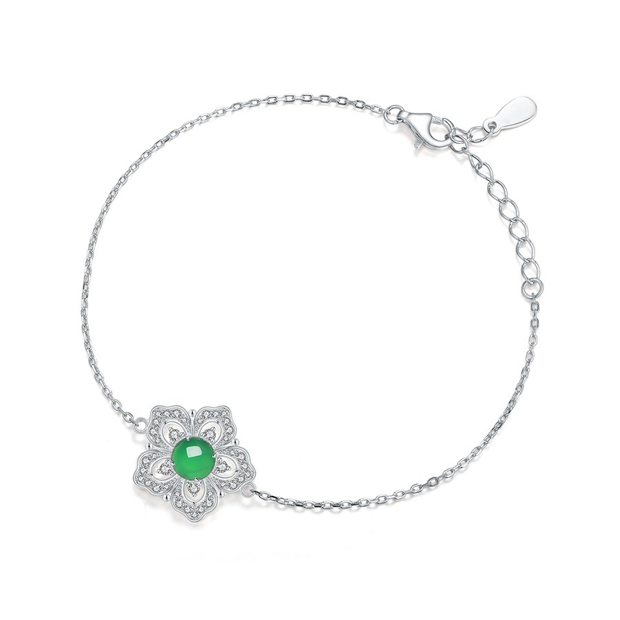 S925 Sterling Silver Flower Clover Bracelet, 6mm Round Green Chrysoprase, Platinum Plated 19cm Adjustable Chain, 2.4g Elegant Women's Jewelry Gift Box