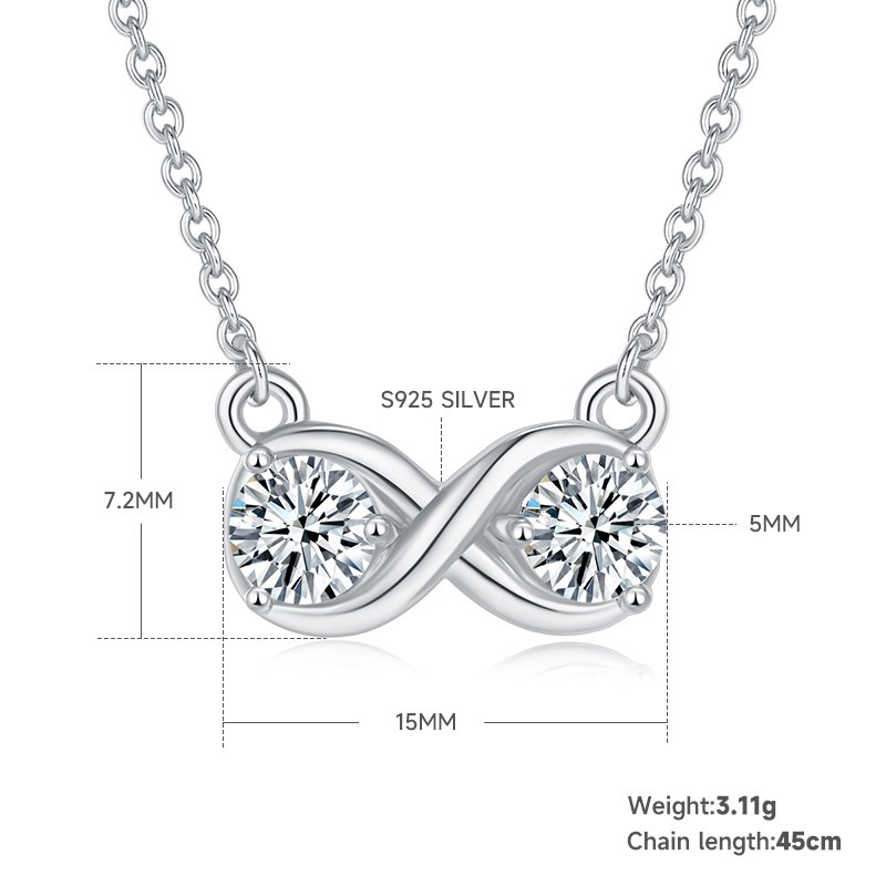 3.1g S925 Sterling Silver 1CT Moissanite Infinity Necklace 45cm  2 Stone Pendant With GRA, Platinum Plated Romantic Jewelry Gift Box Set For Women