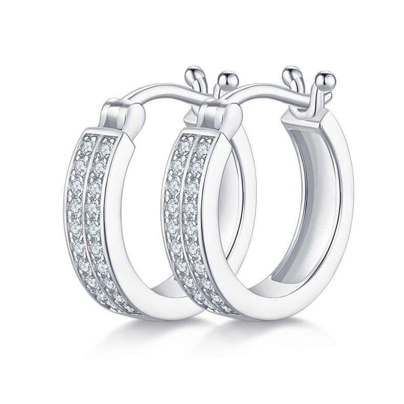 S925 Sterling Silver Moissanite Hoop Earrings For Women  Double Row Pave Snap Closure Earrings With GRA Certificate Platinum Or Rose Gold Or Gold Plated Gift Box Set