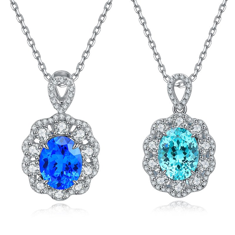 S925 Silver 4g Lab-Created Cobalt Spinel Paraiba Necklace, 7x9mm Pendant, 40&5cm