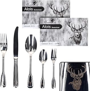 MamboCat Alois - Set completo di posate da 60 pezzi, per 12 persone, filo Augsburger con design a cervo, in acciaio inox 18/10 lucidato e lama in acciaio inox, forchetta, coltello e cucchiaio