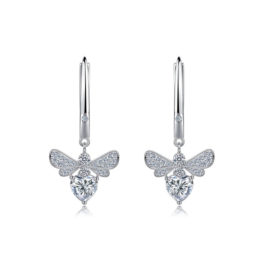 S925 Sterling Silver Heart Moissanite Wing Dangle Earrings, 6mm D-VVS1 Heart Cut Stone, Platinum Plated 3.9g Women's Jewelry Gift Box