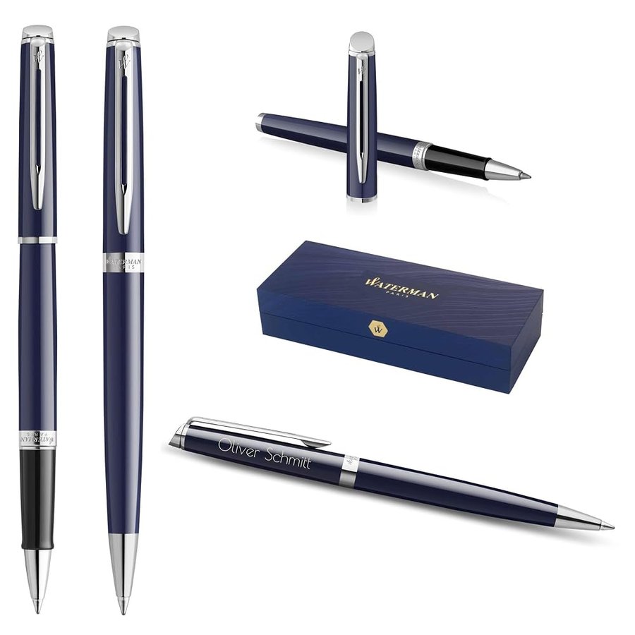 Waterman Hémisphère - Penna roller e penna a sfera con incisione, set di scrittura di lusso personalizzato per compleanno, anniversario e Natale (BLUE C.T)