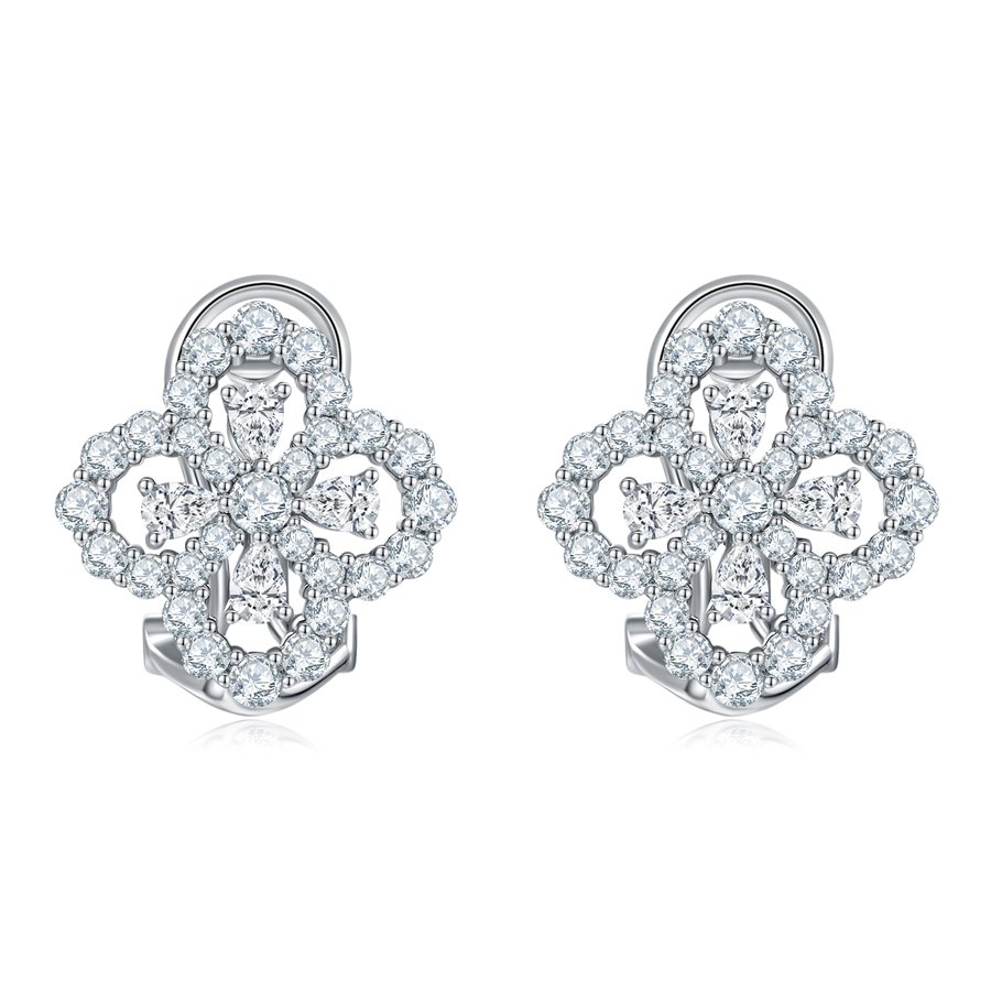 S925 Sterling Silver Clover Huggie Earrings, 3x2mm Pear D-VVS1 Moissanite Cluster, Platinum Plated 4.2g Elegant Women's Jewelry Gift Box