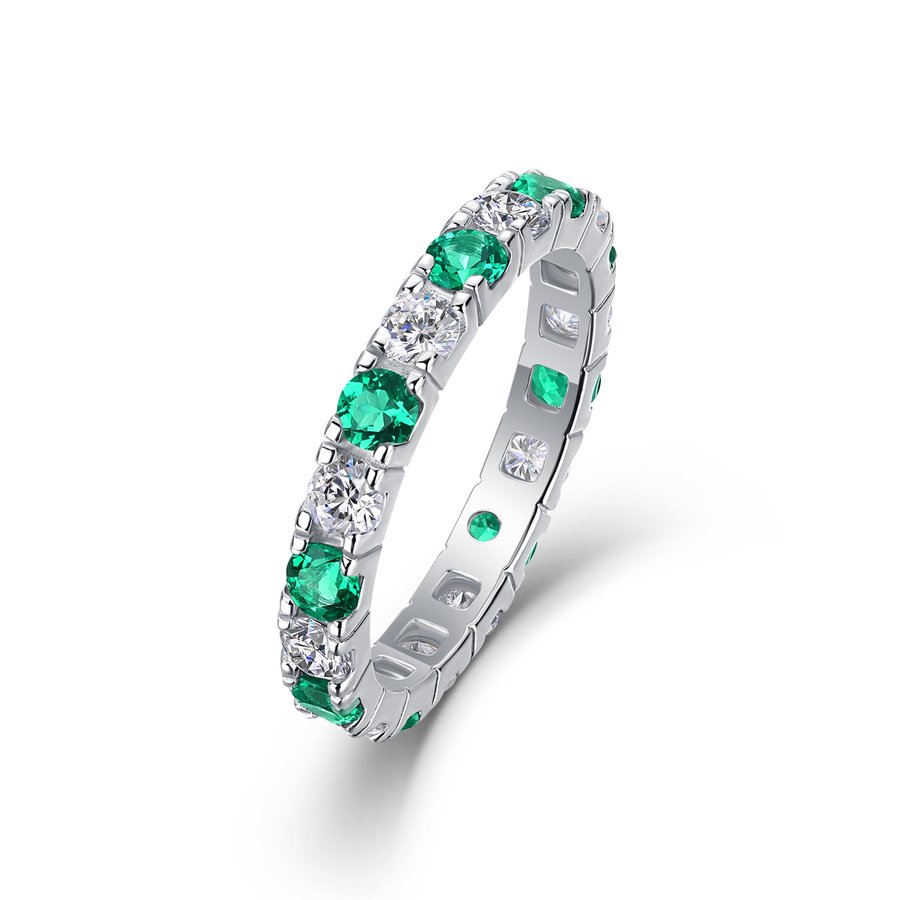 2.4g S925 Silver Platinum Plated Alternating Eternity Ring  Green & White Gemstone Full Band, Stackable Dainty Promise Ring For Women, Jewelry Gift Box Set