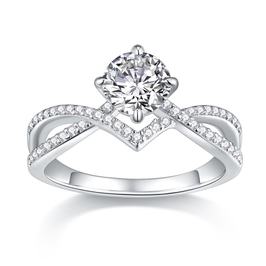 S925 Silver 3.3g Platinum Plated Moissanite Ring, 1ct 6.5mm D VVS1 Criss Cross Band, GRA Certified US 5-9
