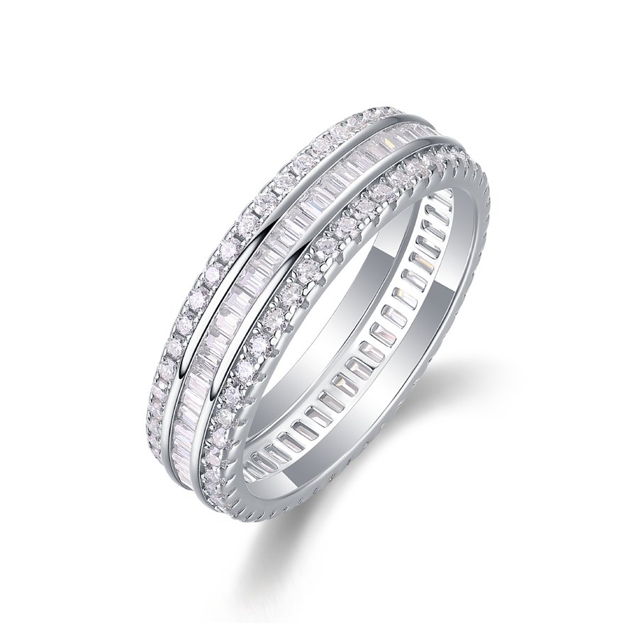 S925 Silver 2.8g Platinum Plated Moissanite Eternity Ring, 5.0mm Baguette & Round Cut Band, GRA Certified US 5-9
