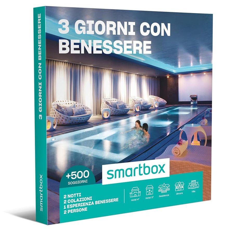 Smartbox - Cofanetto regalo 3 giorni con benessere - Idea regalo per Lui e Lei - 2 notti con colazione e pausa relax per 2 persone