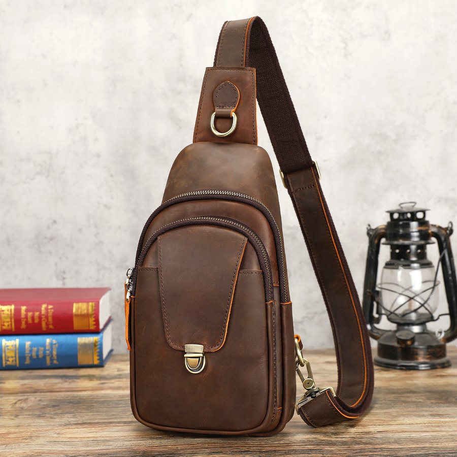 Multifunctional Chest Outdoor Casual Crossbody Vintage Crazy Horse Leather Shoulder Bag