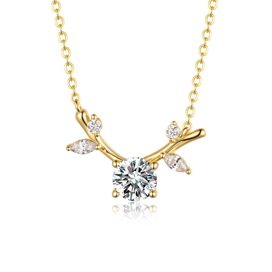 S925 Silver Gold Plated Moissanite Branch Necklace, 6.0mm 0.8CT D VVS1 Round Stone, GRA Certified 45cm Chain