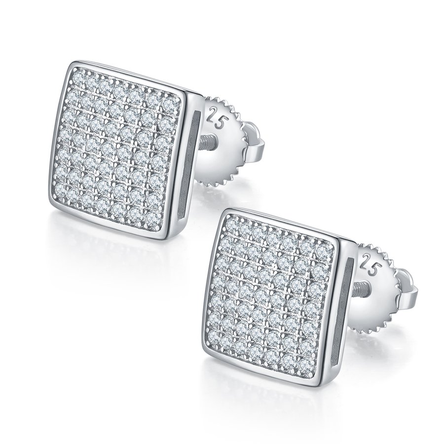 S925 Sterling Silver 98pcs D Color VVS1 Moissanite Square Earrings 2.4g Screw Back Platinum Plated GRA Certified Gift Box