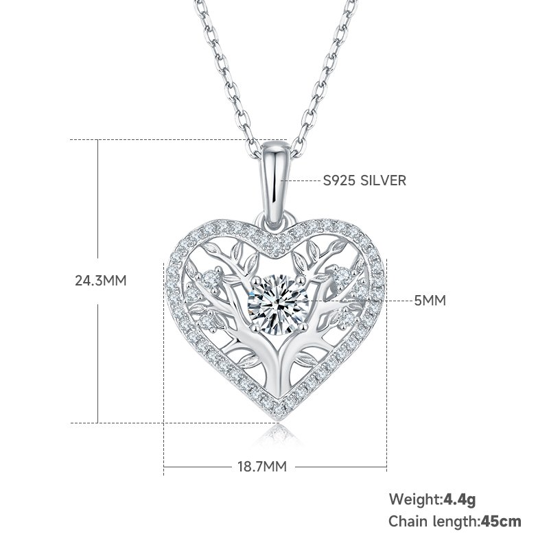 4.4g S925 Sterling Silver Tree Of Life Heart Necklace  5mm Center Stone With 42 Moissanite Pendant, GRA Certified, Platinum Plated Romantic Jewelry Gift Box Set