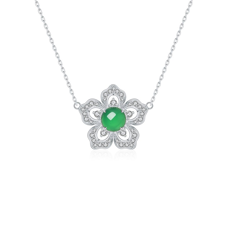 S925 Sterling Silver Flower Clover Necklace, 8mm Round Green Chrysoprase Pendant, Platinum Plated 45cm Chain, 4.5g Elegant Women's Jewelry Gift Set