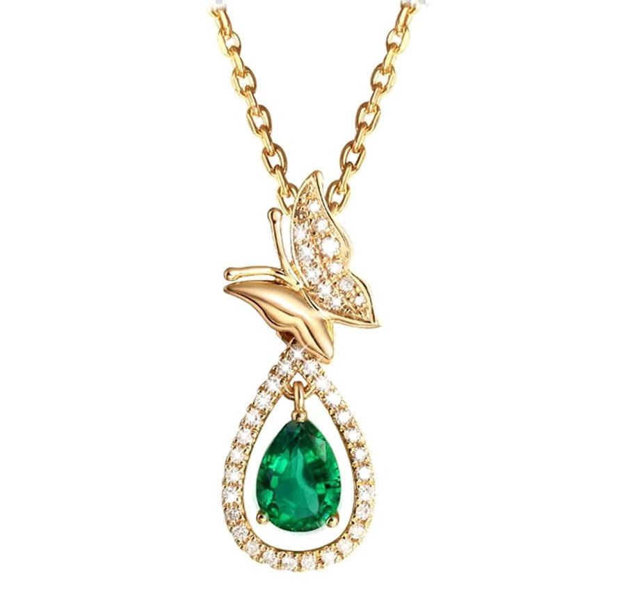 Collana da donna in oro giallo 750, verde, da laboratorio, creata con smeraldo e farfalla, grande Au750, gioiello autentico, 45 cm